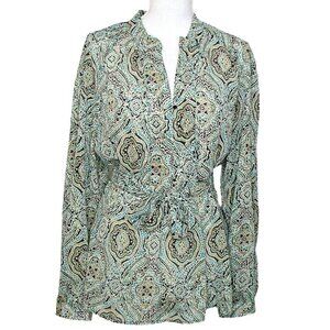Lane Bryant Womens 18/20 Green Paisley Blouse Waist Tie Long Sleeve Shirt Blouse